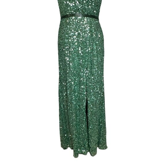 Mac Duggal Green Sequin Wrap Over Butterfly Sleeve Gown | 8 - Picture 5 of 11